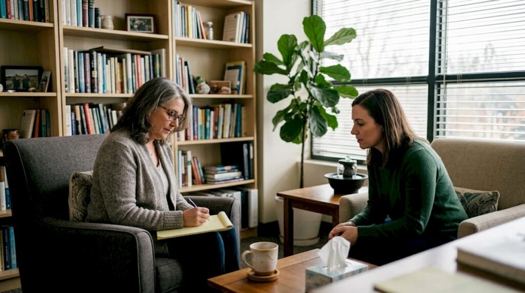 Therapist and client in calm office setting