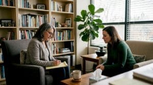 Therapist and client in calm office setting